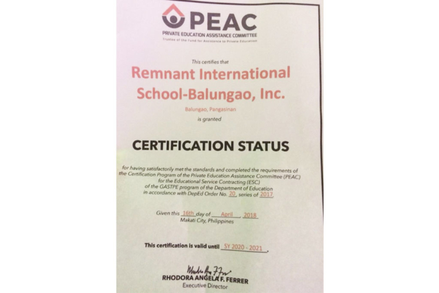 Private Education Assistance Committee-PEAC-Remnant International School-Balungao Campus